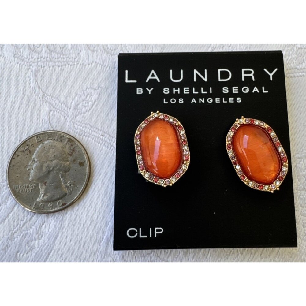 Laundry by Shelli Segal Orange Gold Oval Rhinestone Trim CLIP Earrings NWT